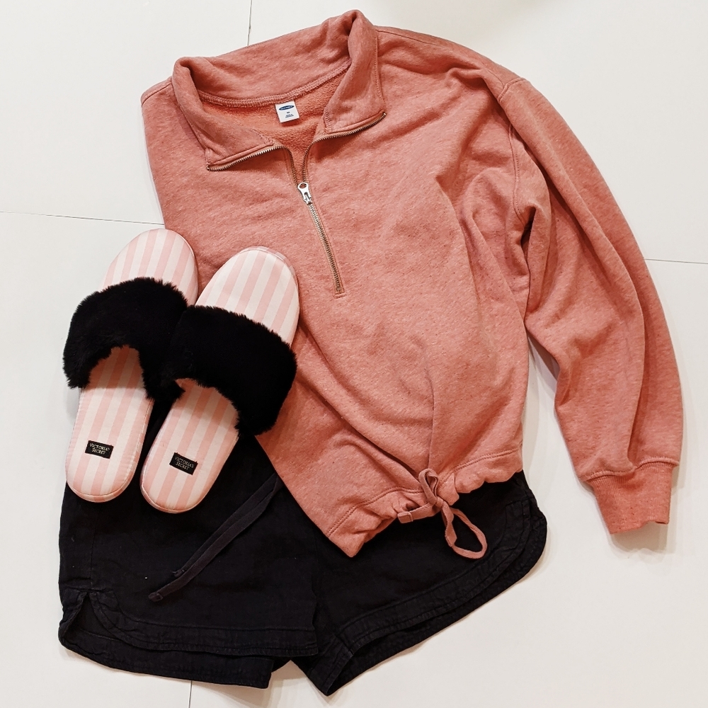 Coral Pink Quarter Zip Drawstring Sweatshirt